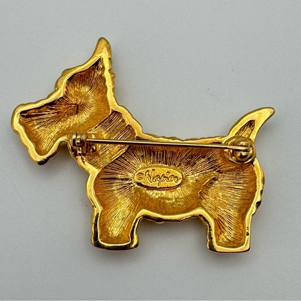 Napier Gold-Tone Scottie Dog Brooch with Rhinestone Collar Vintage